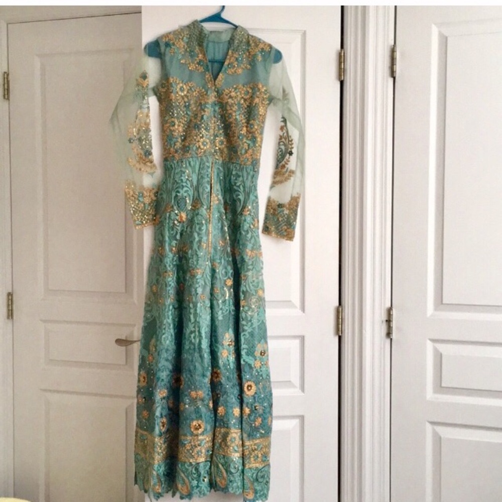 Aqua sparkly indian anarkali lehenga